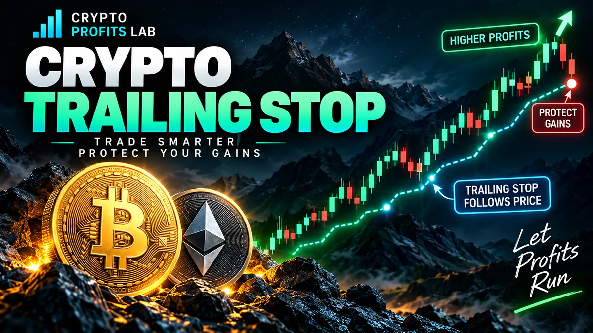 Crypto trailing stop illustration showing a rising price chart, trailing stop line, and protected gains during a market pullback.