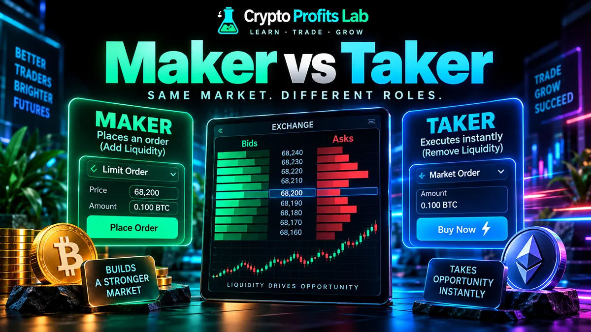 Maker vs taker crypto trading comparison showing limit orders adding liquidity and market orders removing liquidity.